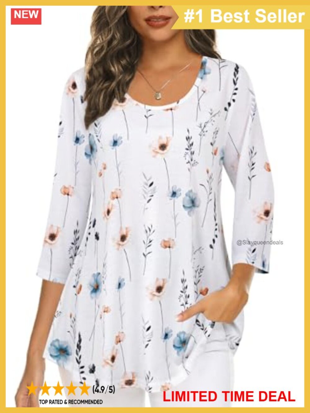 Women's 3/4 Sleeve Pleated Tunic Top Floral Loose Fit Business Casual Blouse